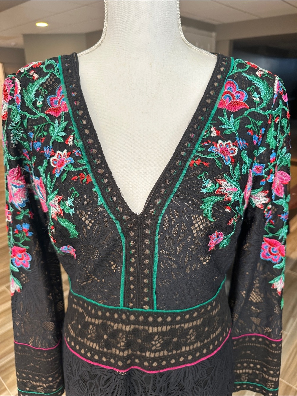 Tadashi Shoji Black Lace Maxi Dress with Pink & Green Floral Embroidery - Picture 3 of 4